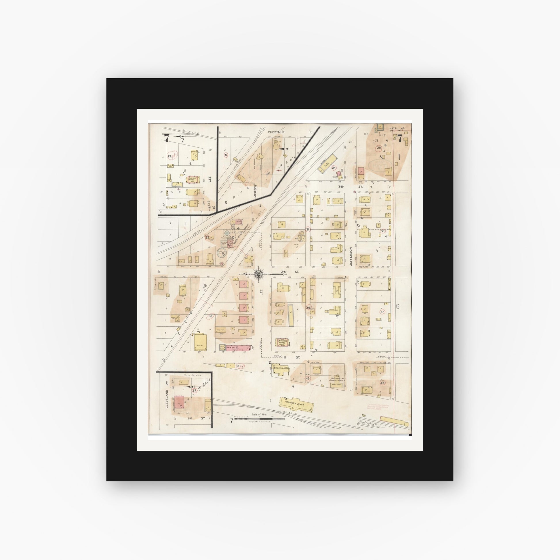 Old map wall art mockup — black gallery frame with white mat — Sanborn Fire Insurance Map from Hayti, Pemiscot County, Missouri (1944), Sheet #0007