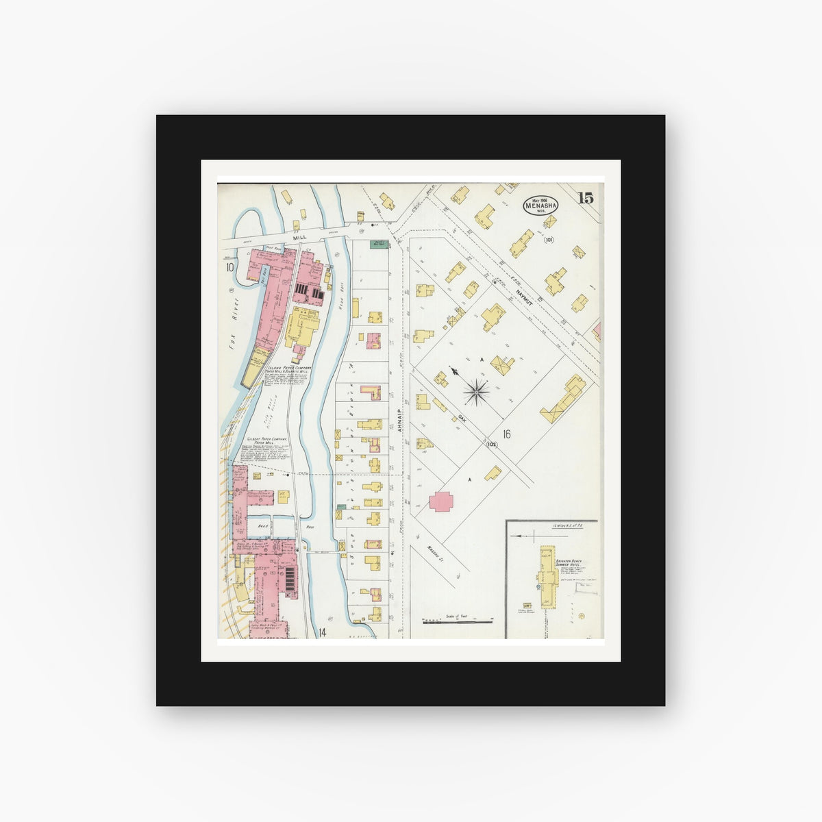 Old map wall art mockup — black gallery frame with white mat — Sanborn Fire Insurance Map from Menasha, Winnebago County, Wisconsin (1906), Sheet #0015