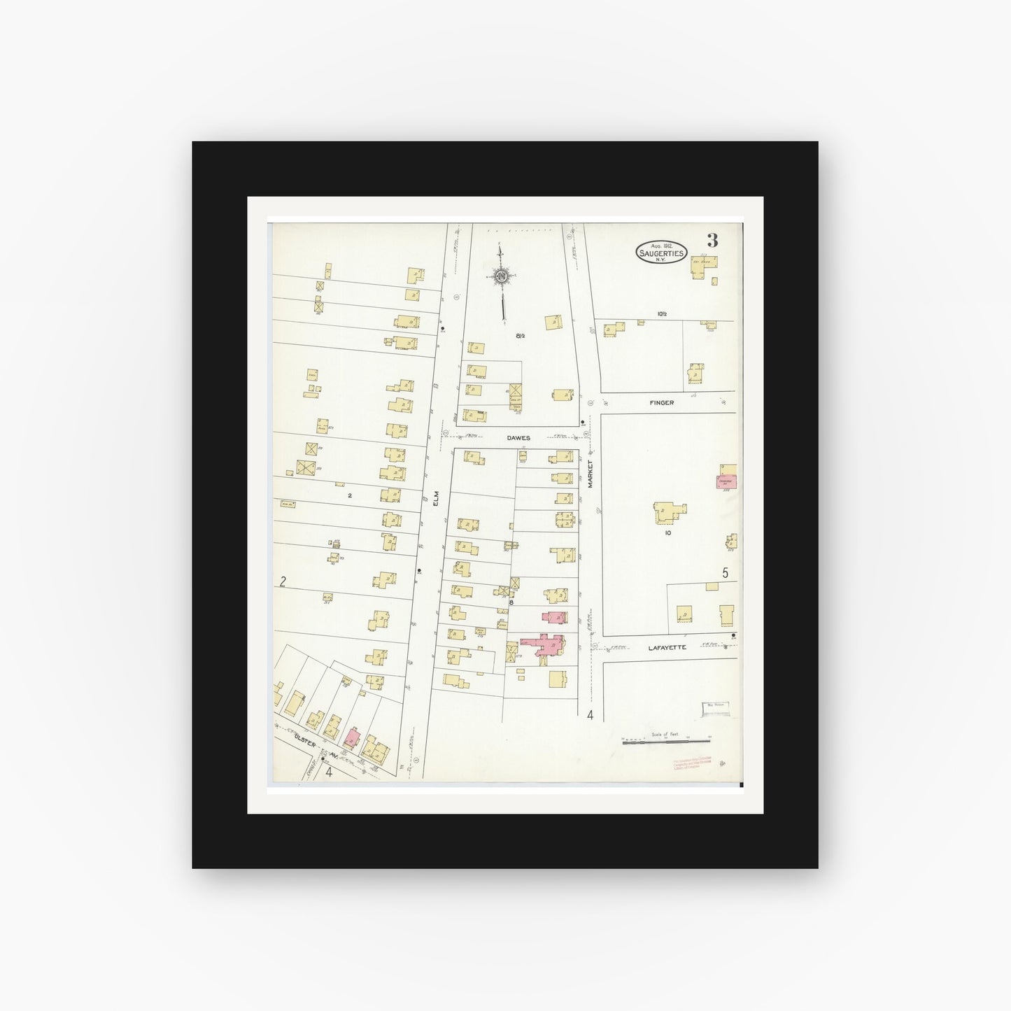 Old map wall art mockup — black gallery frame with white mat — Sanborn Fire Insurance Map from Saugerties, Ulster County, New York (1912), Sheet #0003