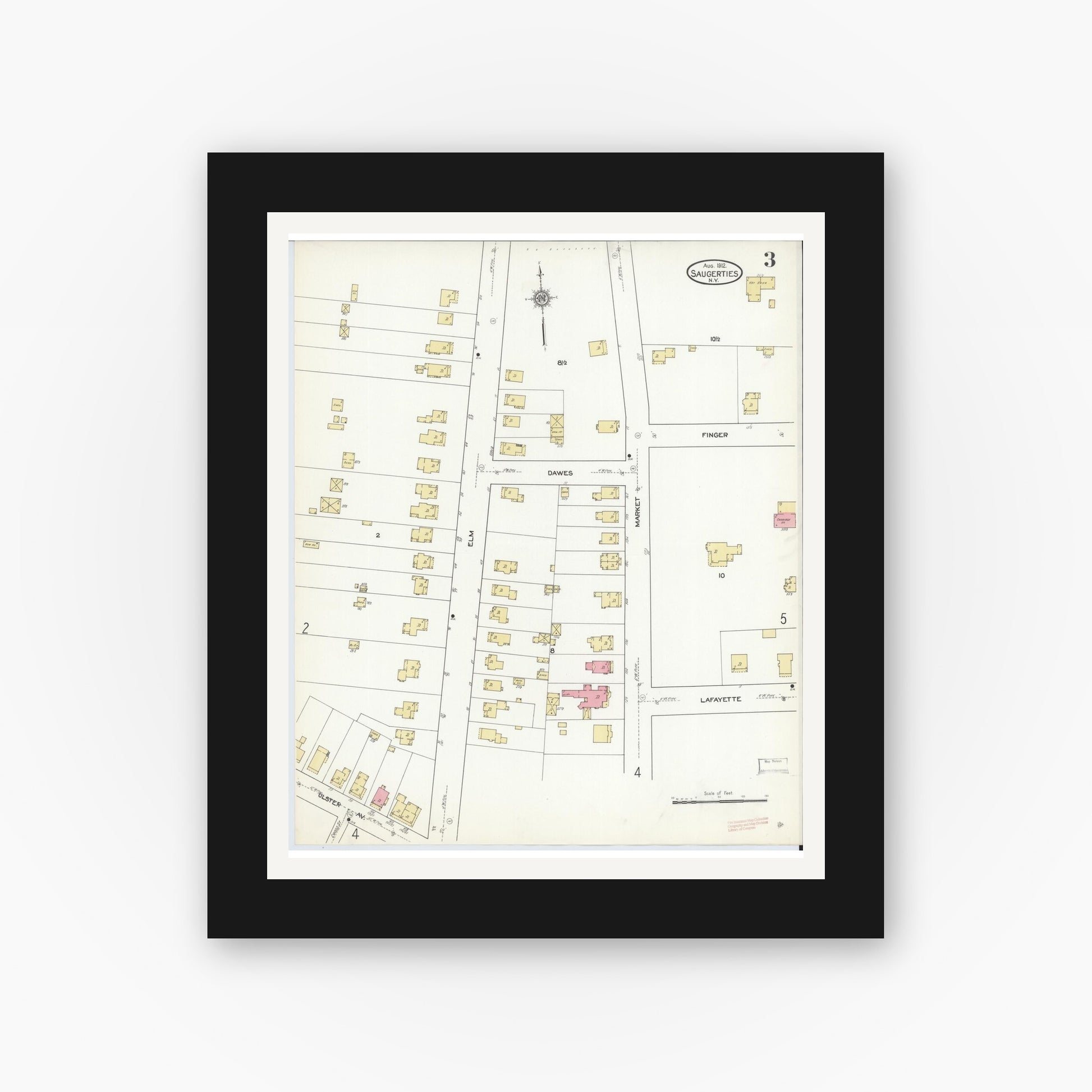 Old map wall art mockup — black gallery frame with white mat — Sanborn Fire Insurance Map from Saugerties, Ulster County, New York (1912), Sheet #0003