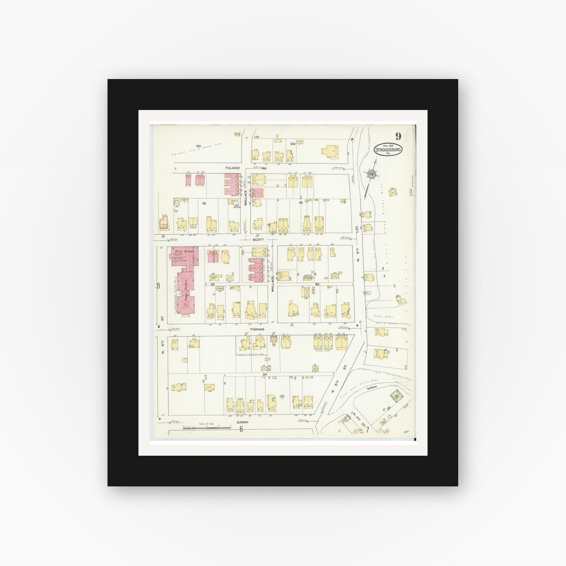 Old map wall art mockup — black gallery frame with white mat — Sanborn Fire Insurance Map from Stroudsburg, Monroe County, Pennsylvania (1912), Sheet #0009
