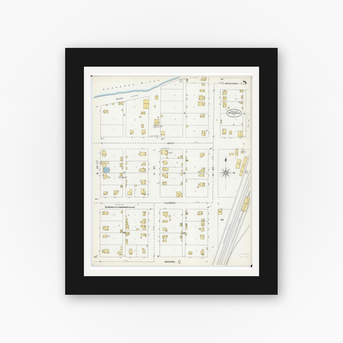 Old map wall art mockup — black gallery frame with white mat — Sanborn Fire Insurance Map from Momence, Kankakee County, Illinois (1907), Sheet #0008