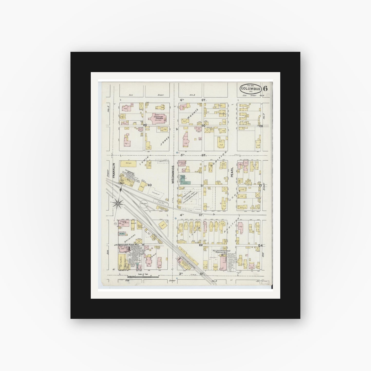 Old map wall art mockup — black gallery frame with white mat — Sanborn Fire Insurance Map from Columbus, Bartholomew County, Indiana (1890), Sheet #0006