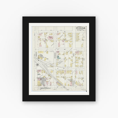 Old map wall art mockup — black gallery frame with white mat — Sanborn Fire Insurance Map from Columbus, Bartholomew County, Indiana (1890), Sheet #0006