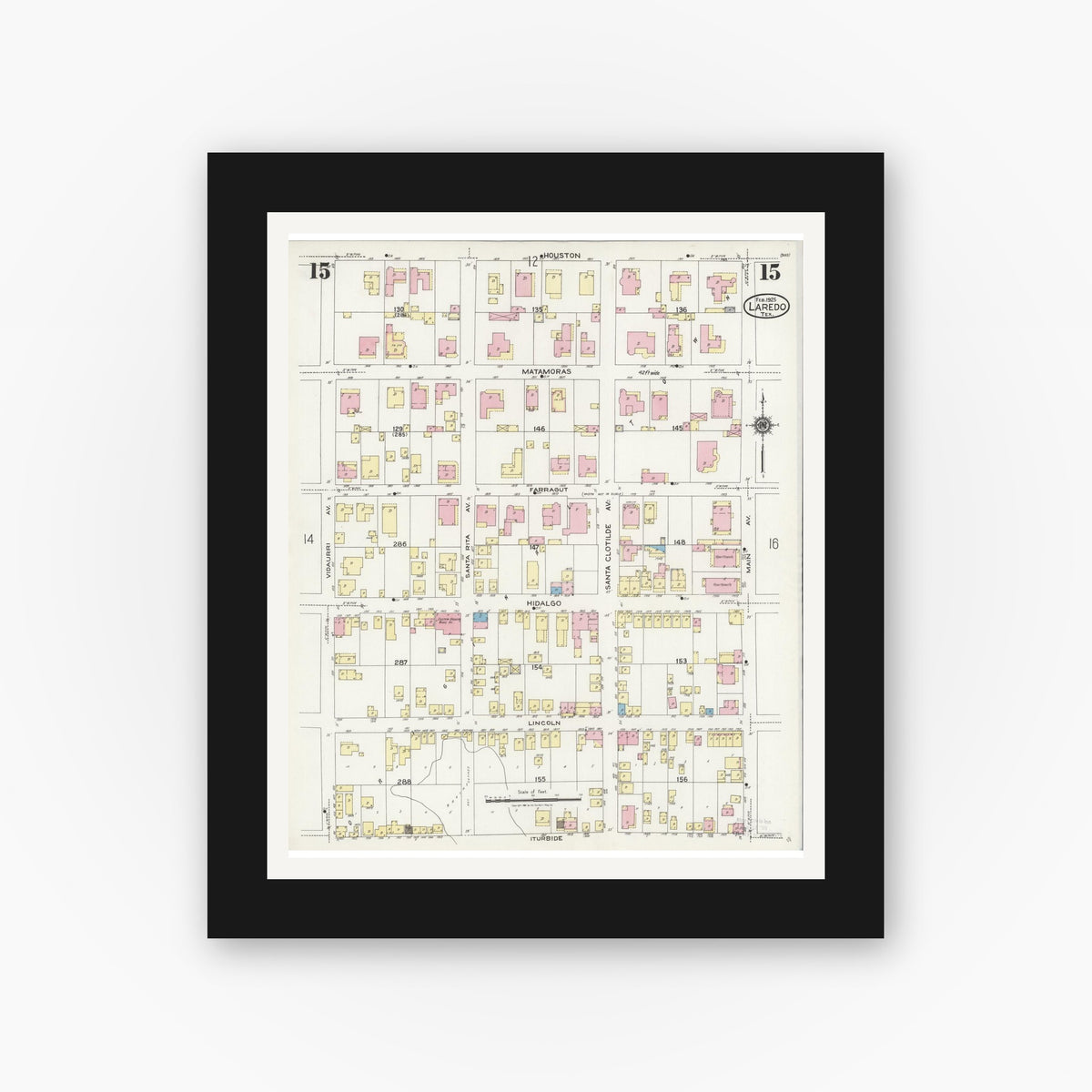 Old map wall art mockup — black gallery frame with white mat — Sanborn Fire Insurance Map from Laredo, Webb County, Texas (1925), Sheet #0015