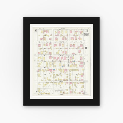 Old map wall art mockup — black gallery frame with white mat — Sanborn Fire Insurance Map from Laredo, Webb County, Texas (1925), Sheet #0015