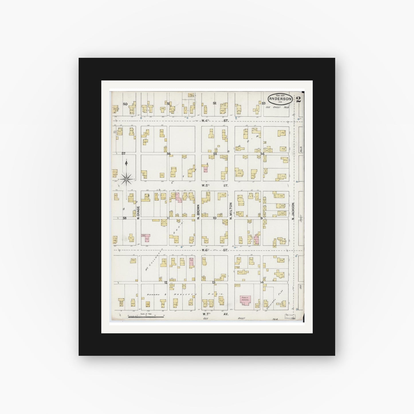 Old map wall art mockup — black gallery frame with white mat — Sanborn Fire Insurance Map from Anderson, Madison County, Indiana (1890), Sheet #0002