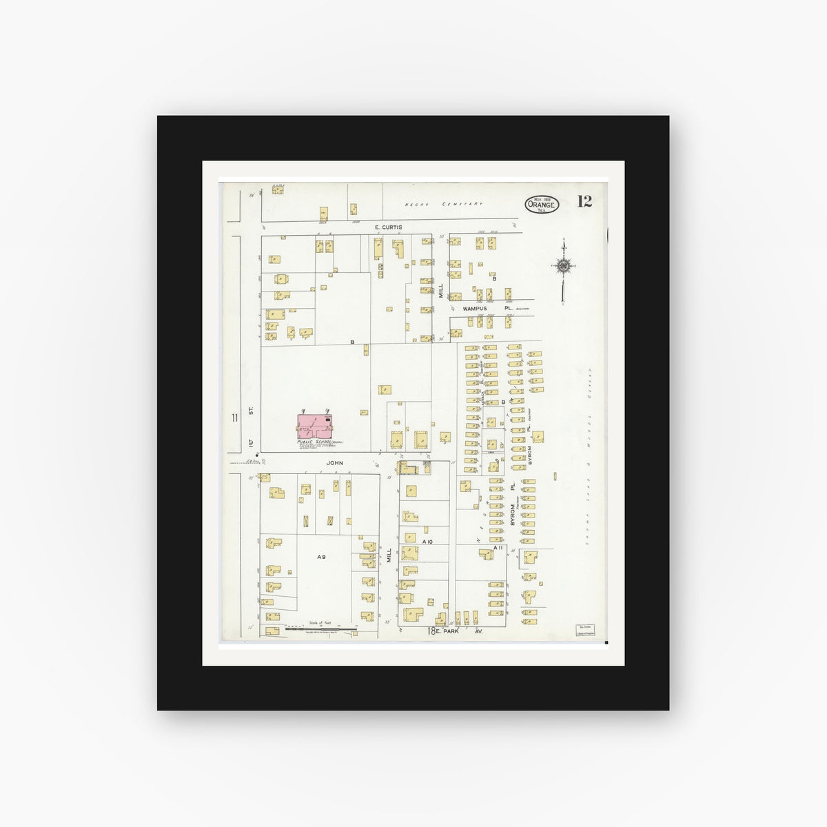 Old map wall art mockup — black gallery frame with white mat — Sanborn Fire Insurance Map from Orange, Orange County, Texas (1919), Sheet #0012