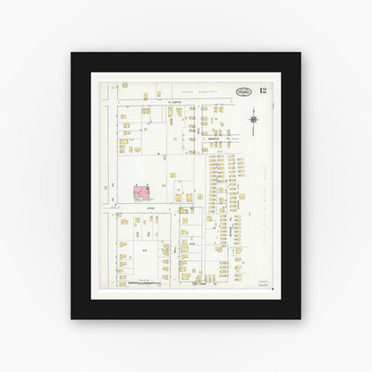 Old map wall art mockup — black gallery frame with white mat — Sanborn Fire Insurance Map from Orange, Orange County, Texas (1919), Sheet #0012