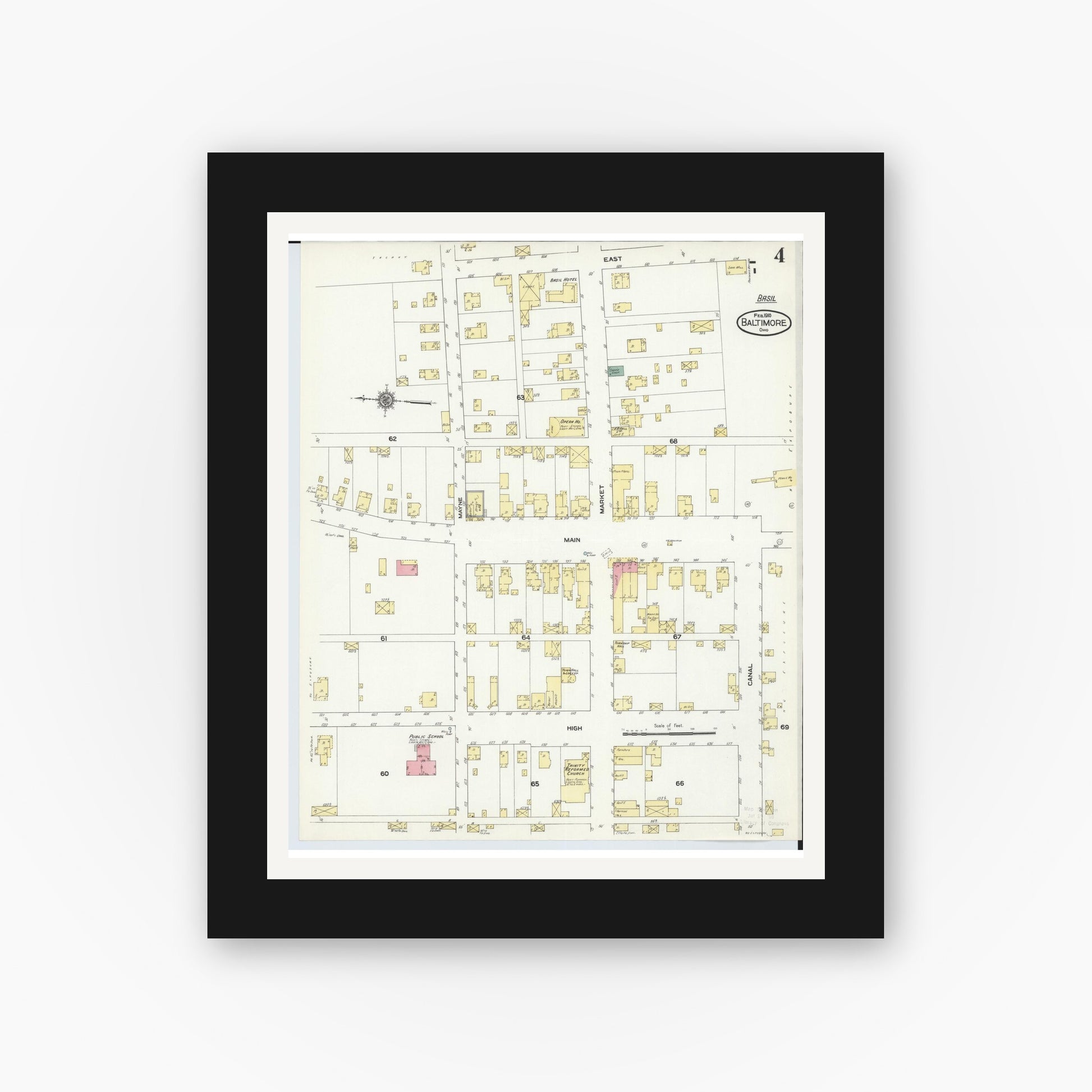 Old map wall art mockup — black gallery frame with white mat — Sanborn Fire Insurance Map from Baltimore, Fairfield County, Ohio (1910), Sheet #0004