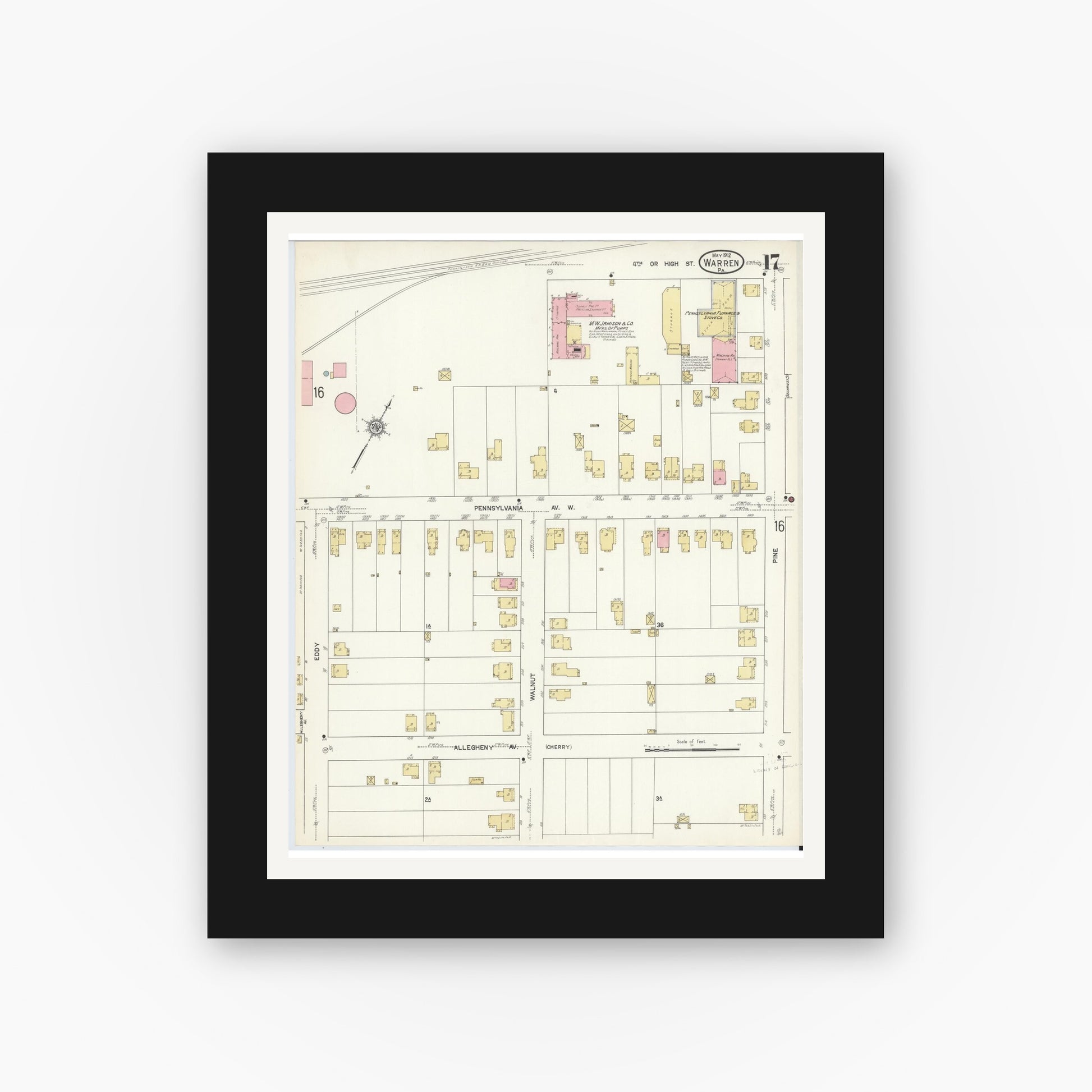 Old map wall art mockup — black gallery frame with white mat — Sanborn Fire Insurance Map from Warren, Warren County, Pennsylvania (1912), Sheet #0017
