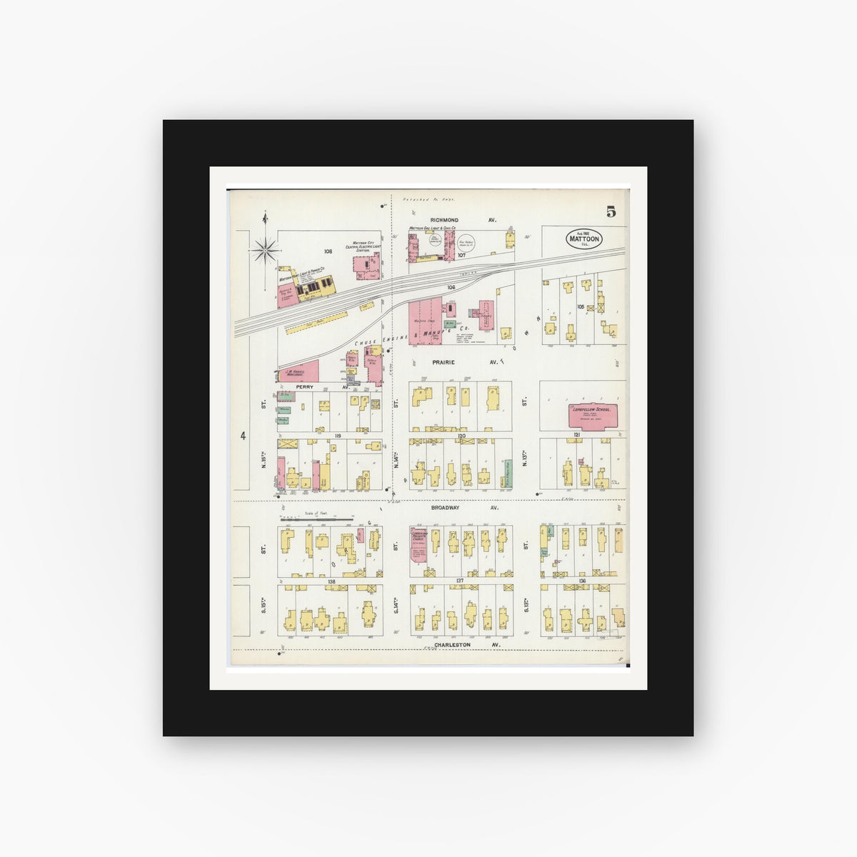 Old map wall art mockup — black gallery frame with white mat — Sanborn Fire Insurance Map from Mattoon, Coles County, Illinois (1902), Sheet #0005