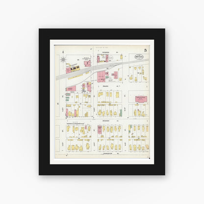 Old map wall art mockup — black gallery frame with white mat — Sanborn Fire Insurance Map from Mattoon, Coles County, Illinois (1902), Sheet #0005