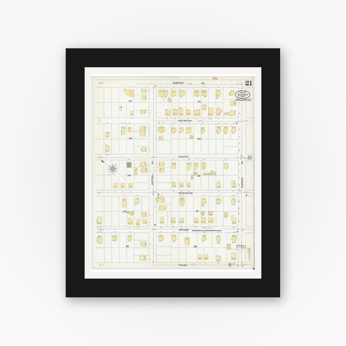 Old map wall art mockup — black gallery frame with white mat — Sanborn Fire Insurance Map from Quincy, Norfolk County, Massachusetts (1901), Sheet #0021