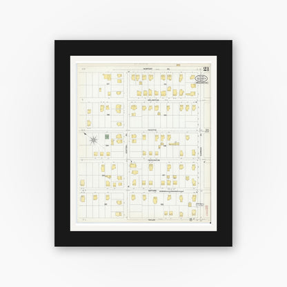 Old map wall art mockup — black gallery frame with white mat — Sanborn Fire Insurance Map from Quincy, Norfolk County, Massachusetts (1901), Sheet #0021