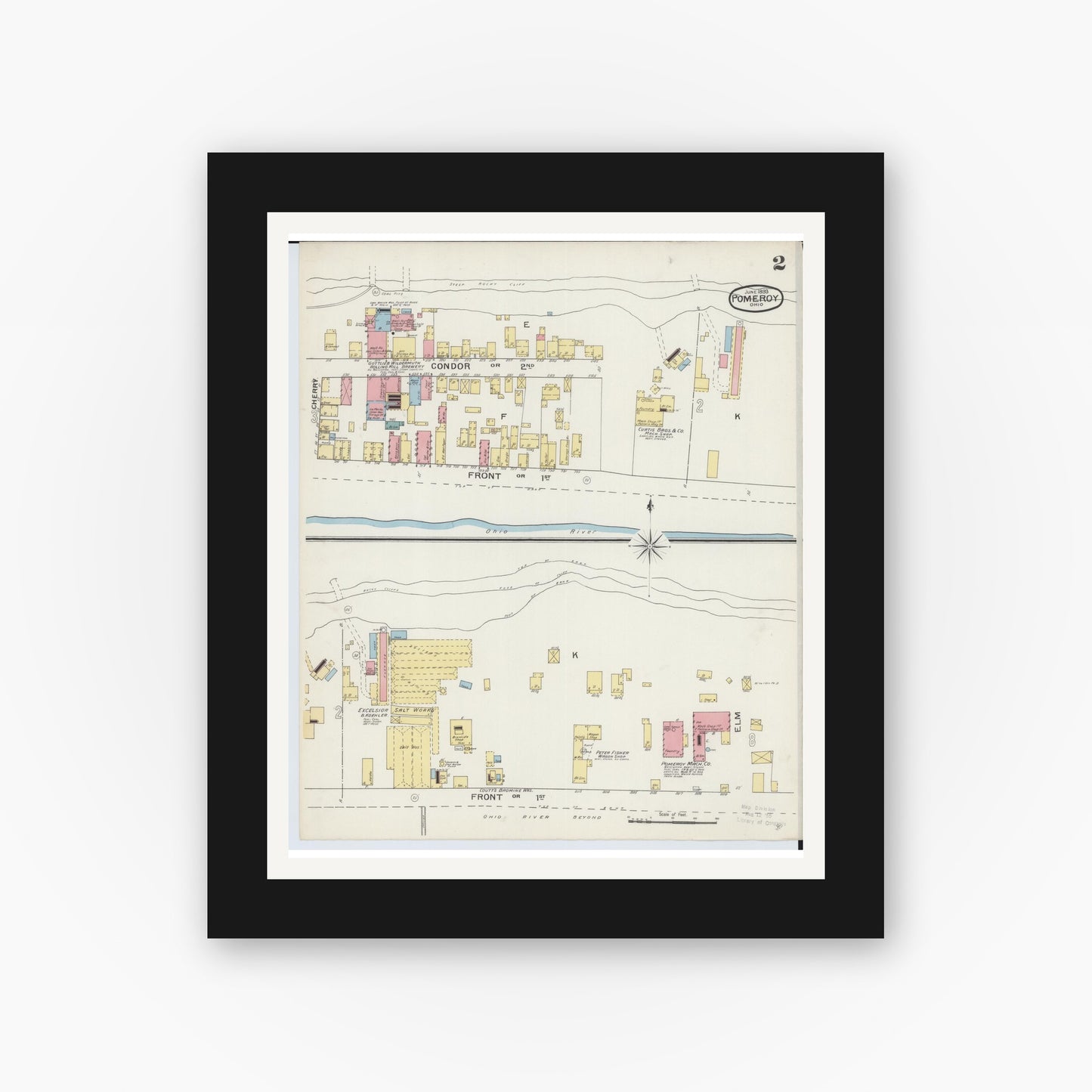 Old map wall art mockup — black gallery frame with white mat — Sanborn Fire Insurance Map from Pomeroy, Meigs County, Ohio (1893), Sheet #0002