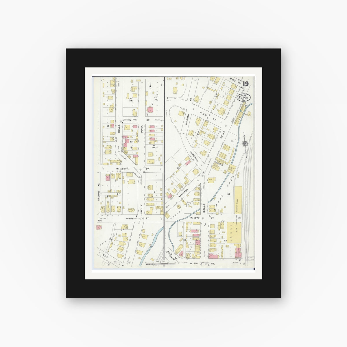 Old map wall art mockup — black gallery frame with white mat — Sanborn Fire Insurance Map from Alton, Madison County, Illinois (1915), Sheet #0019
