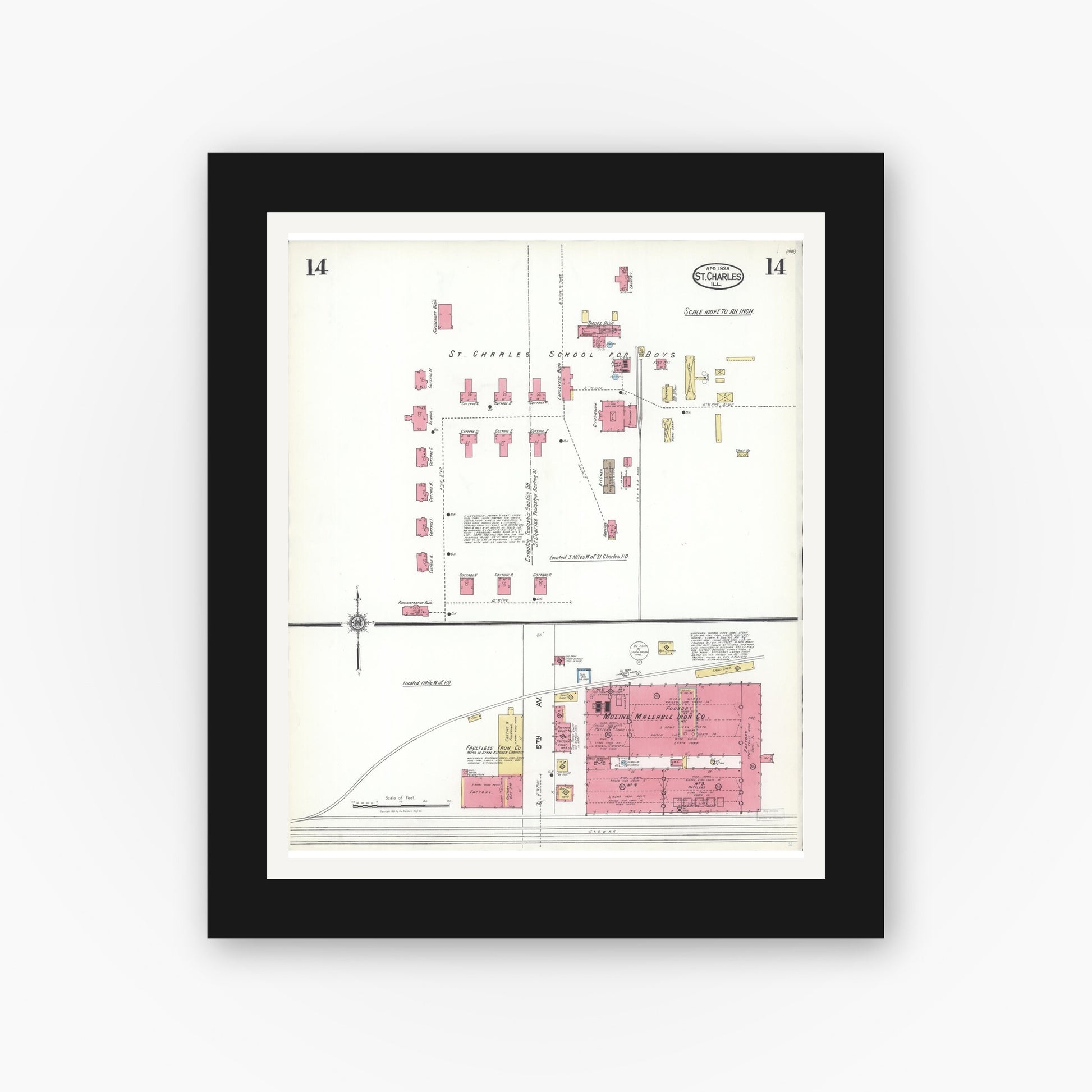 Old map wall art mockup — black gallery frame with white mat — Sanborn Fire Insurance Map from Saint Charles, Kane County, Illinois (1923), Sheet #0014