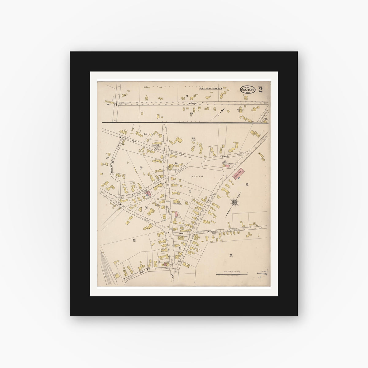 Old map wall art mockup — black gallery frame with white mat — Sanborn Fire Insurance Map from Groton, Middlesex County, Massachusetts (1921), Sheet #0002