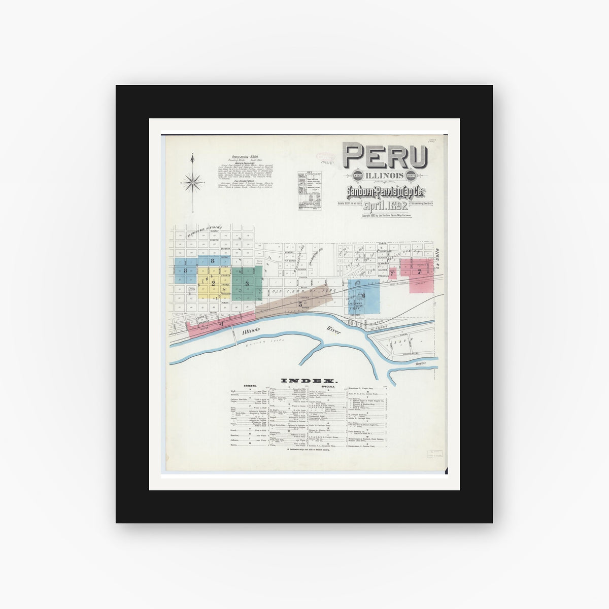 Old map wall art mockup — black gallery frame with white mat — Sanborn Fire Insurance Map from Peru, La Salle County, Illinois (1892) - Complete Map Set