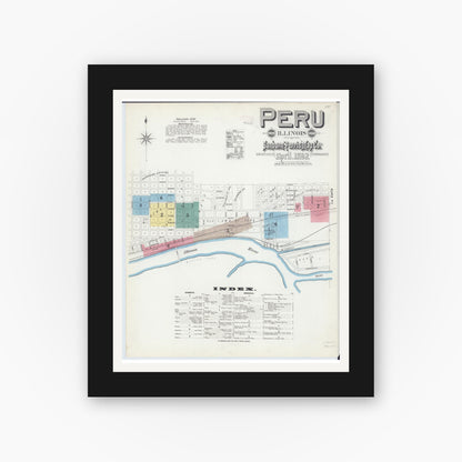 Old map wall art mockup — black gallery frame with white mat — Sanborn Fire Insurance Map from Peru, La Salle County, Illinois (1892) - Complete Map Set