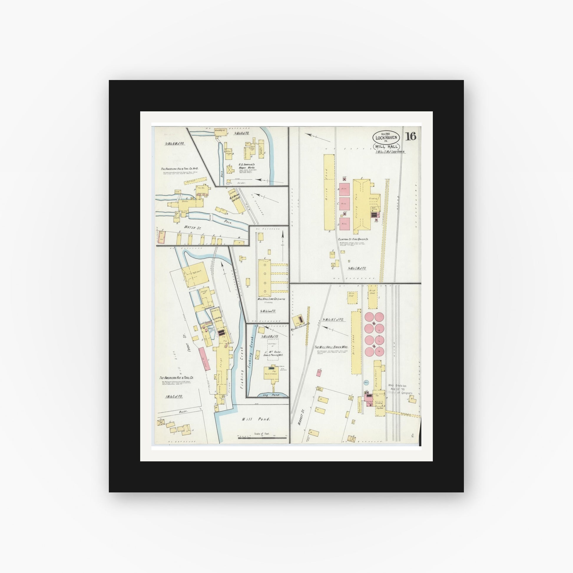 Old map wall art mockup — black gallery frame with white mat — Sanborn Fire Insurance Map from Lock Haven, Clinton County, Pennsylvania (1901), Sheet #0016