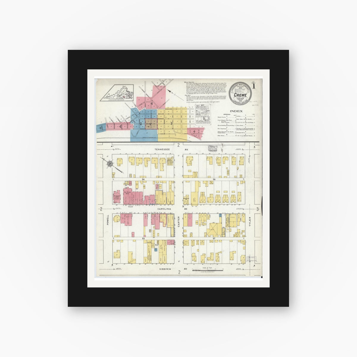 Old map wall art mockup — black gallery frame with white mat — Sanborn Fire Insurance Map from Crewe, Nottoway County, Virginia (1918) - Complete Map Set
