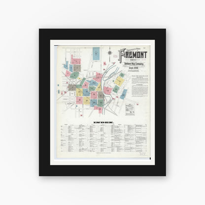 Old map wall art mockup — black gallery frame with white mat — Sanborn Fire Insurance Map from Fremont, Sandusky County, Ohio (1910) - Complete Map Set