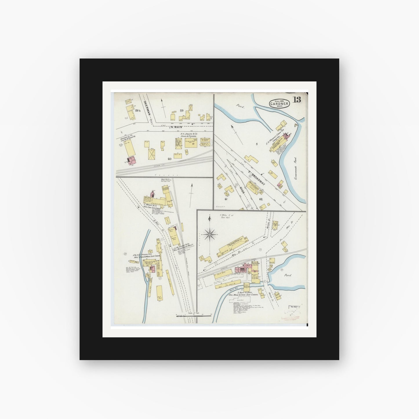 Old map wall art mockup — black gallery frame with white mat — Sanborn Fire Insurance Map from Gardner, Worcester County, Massachusetts (1895), Sheet #0013