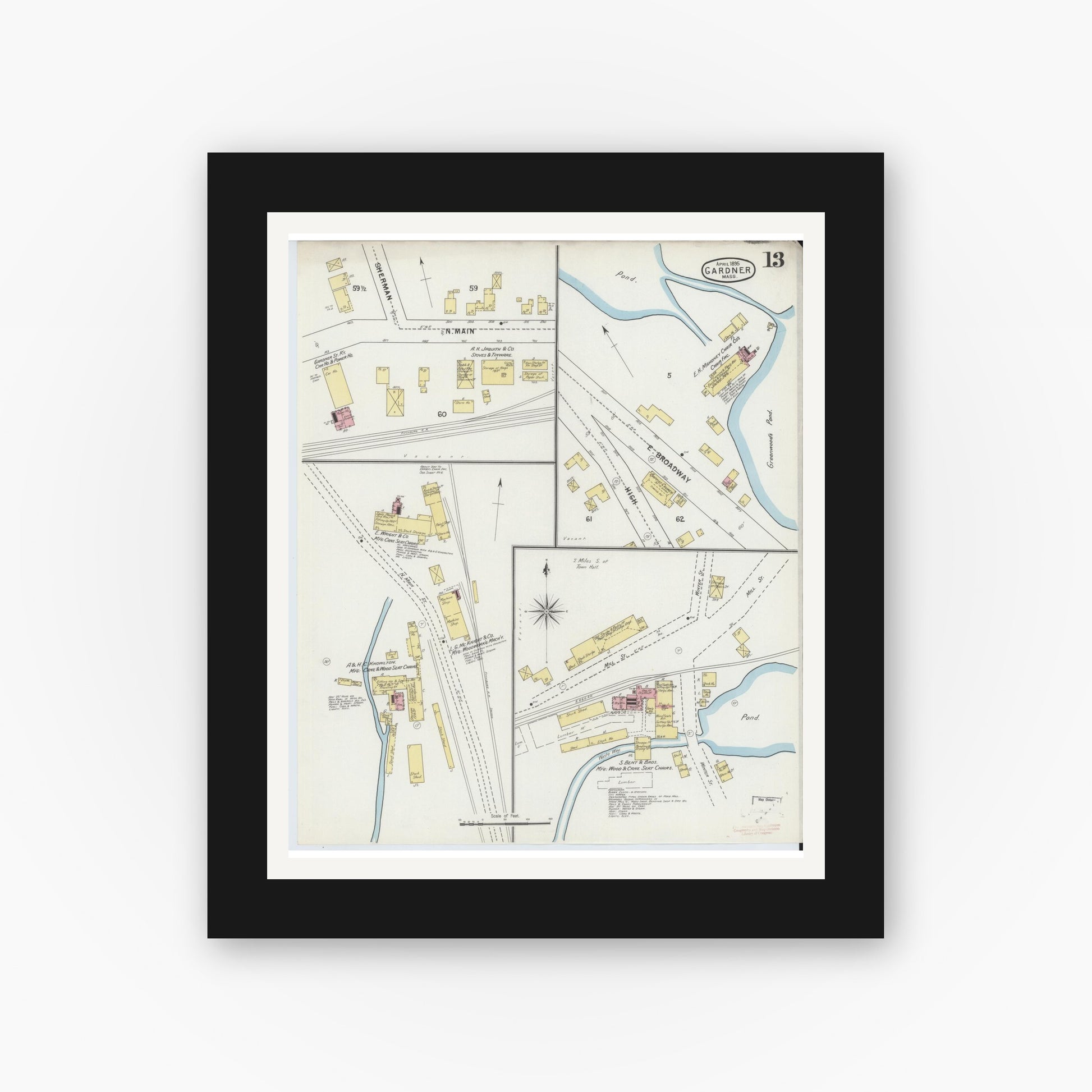 Old map wall art mockup — black gallery frame with white mat — Sanborn Fire Insurance Map from Gardner, Worcester County, Massachusetts (1895), Sheet #0013