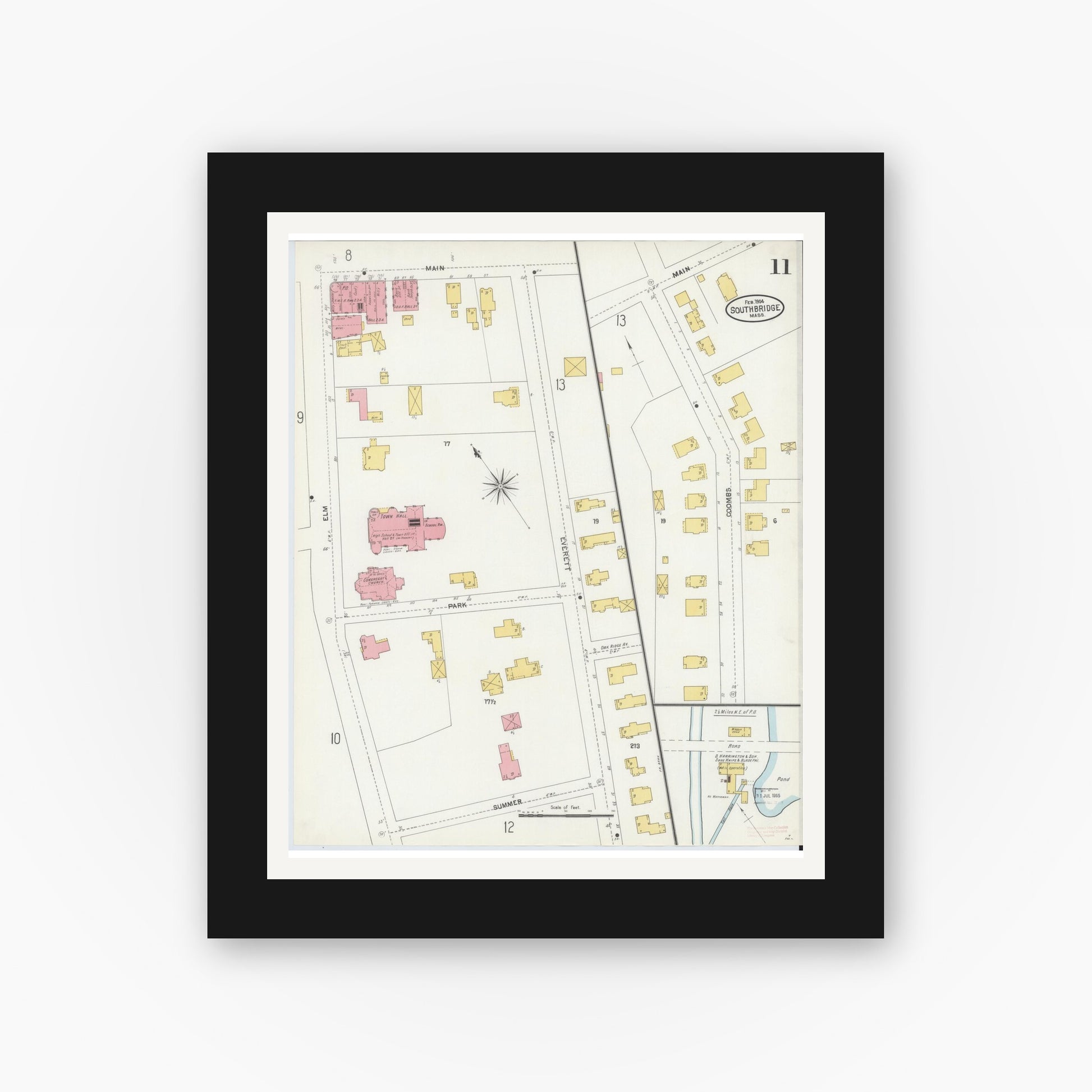 Old map wall art mockup — black gallery frame with white mat — Sanborn Fire Insurance Map from Southbridge, Worcester County, Massachusetts (1904), Sheet #0011