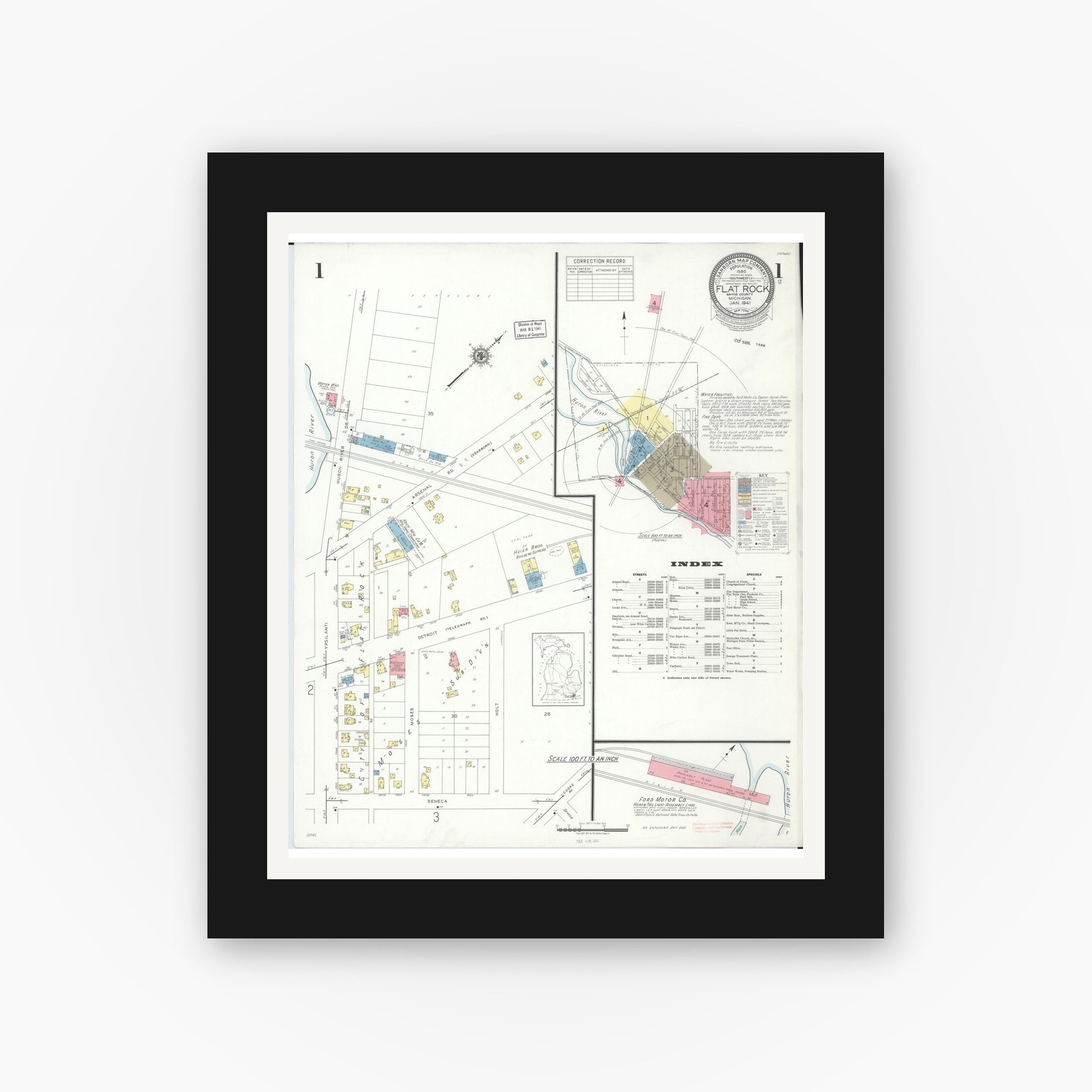 Old map wall art mockup — black gallery frame with white mat — Sanborn Fire Insurance Map from Flat Rock, Wayne County, Michigan (1941), Sheet #0001