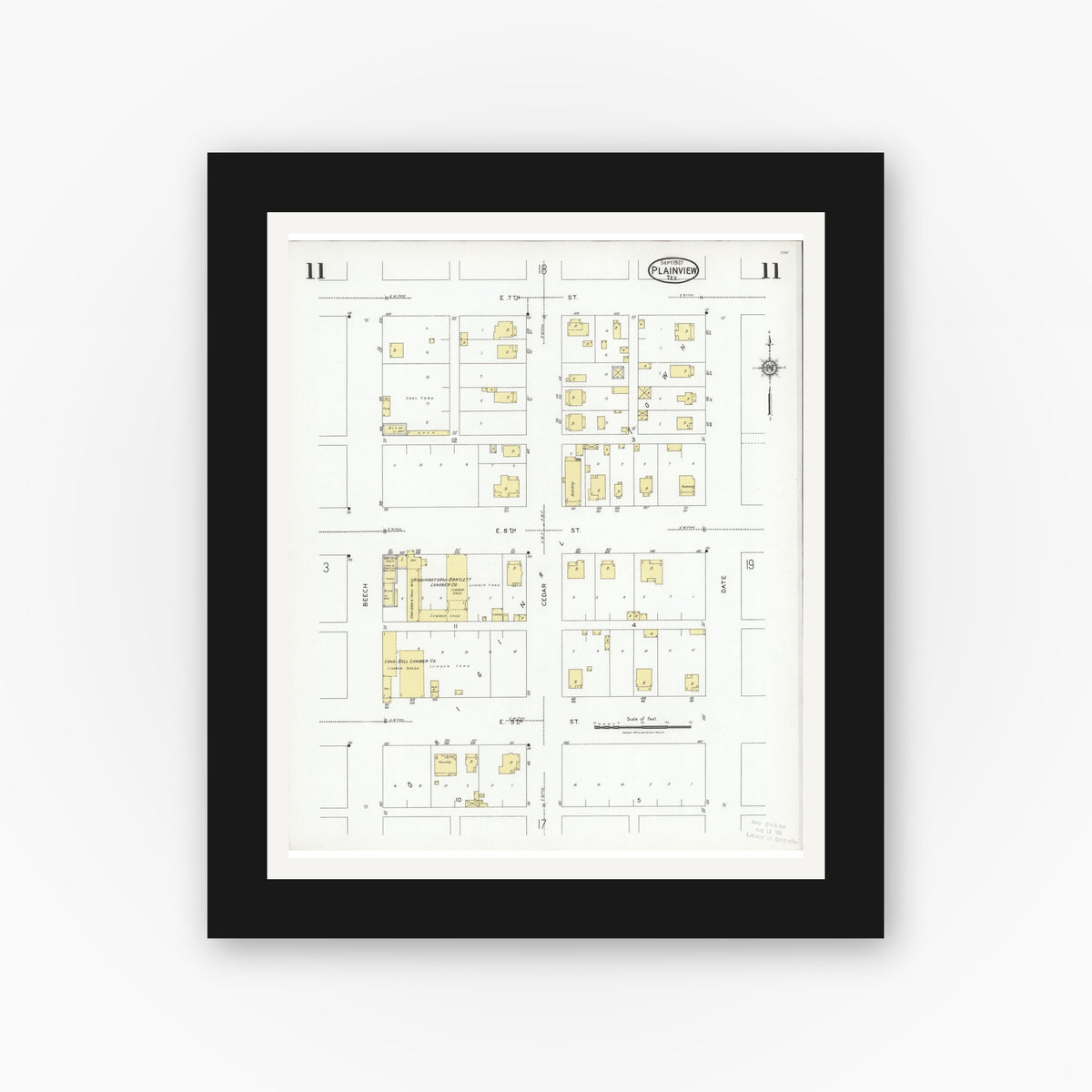 Old map wall art mockup — black gallery frame with white mat — Sanborn Fire Insurance Map from Plainview, Hale County, Texas (1927), Sheet #0011