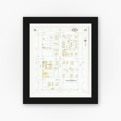 Old map wall art mockup — black gallery frame with white mat — Sanborn Fire Insurance Map from Plainview, Hale County, Texas (1927), Sheet #0011