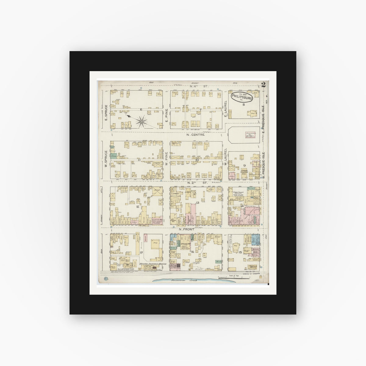 Old map wall art mockup — black gallery frame with white mat — Sanborn Fire Insurance Map from Philipsburg, Centre County, Pennsylvania (1887), Sheet #0002