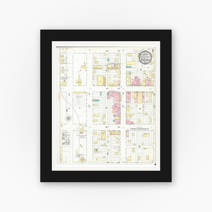 Old map wall art mockup — black gallery frame with white mat — Sanborn Fire Insurance Map from Sheldon, O'Brien County, Iowa (1892) â€” Complete Set
