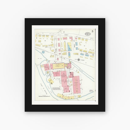 Old map wall art mockup — black gallery frame with white mat — Sanborn Fire Insurance Map from Webster, Worcester County, Massachusetts (1911), Sheet #0005
