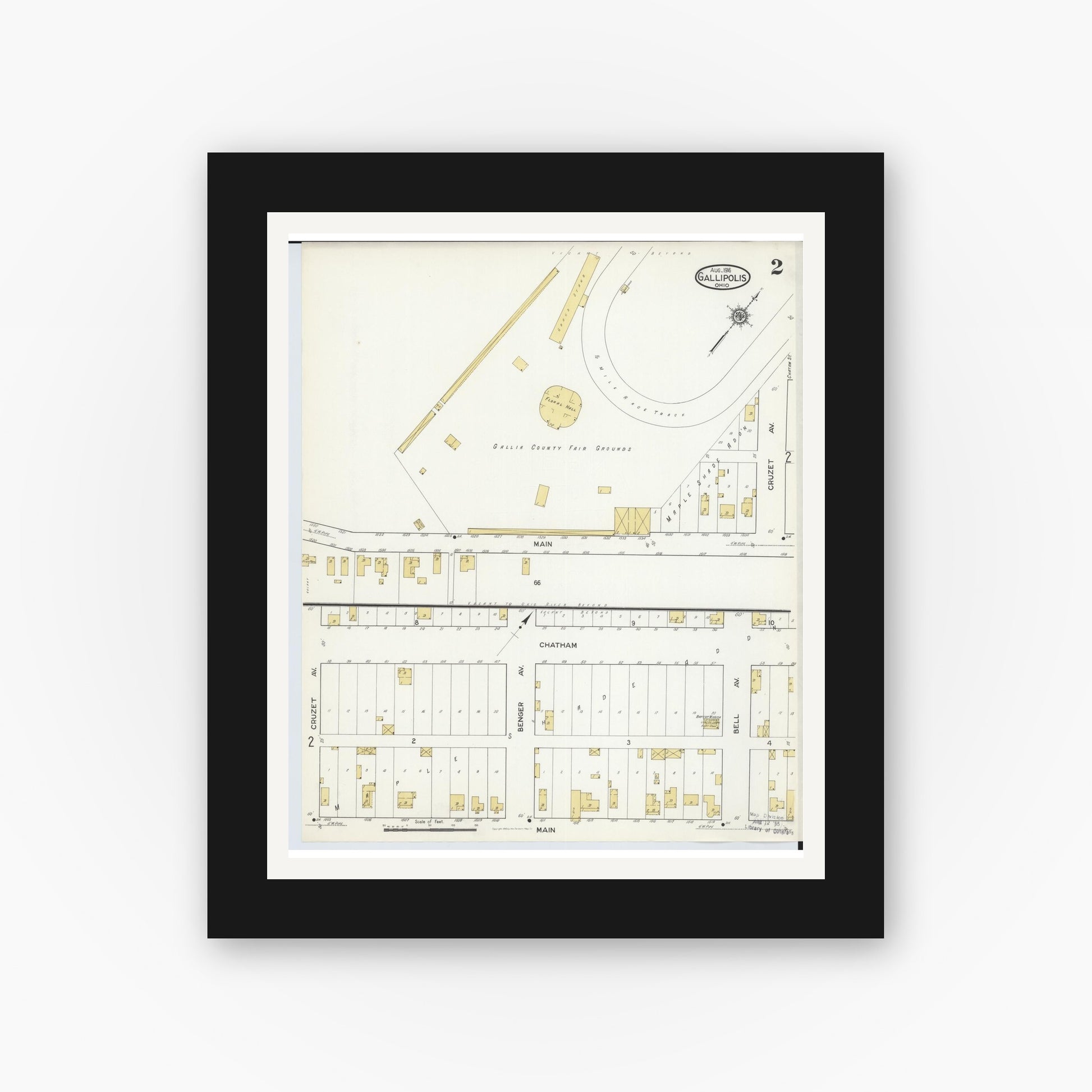 Old map wall art mockup — black gallery frame with white mat — Sanborn Fire Insurance Map from Gallipolis, Gallia County, Ohio (1916), Sheet #0002