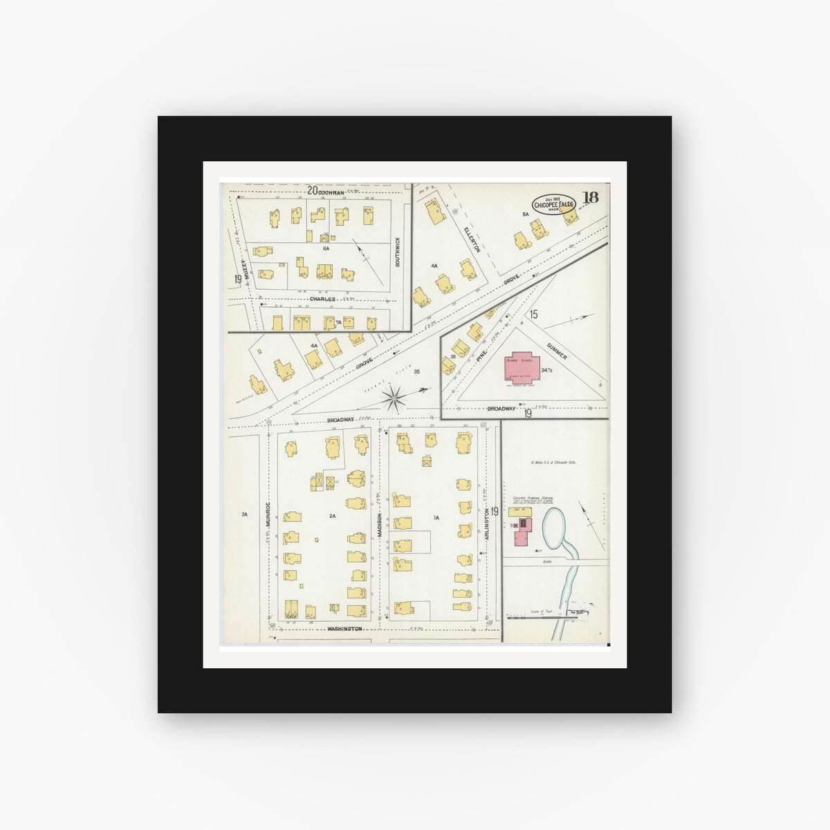 Old map wall art mockup — black gallery frame with white mat — Sanborn Fire Insurance Map from Chicopee, Hampden County, Massachusetts (1902), Sheet #0018