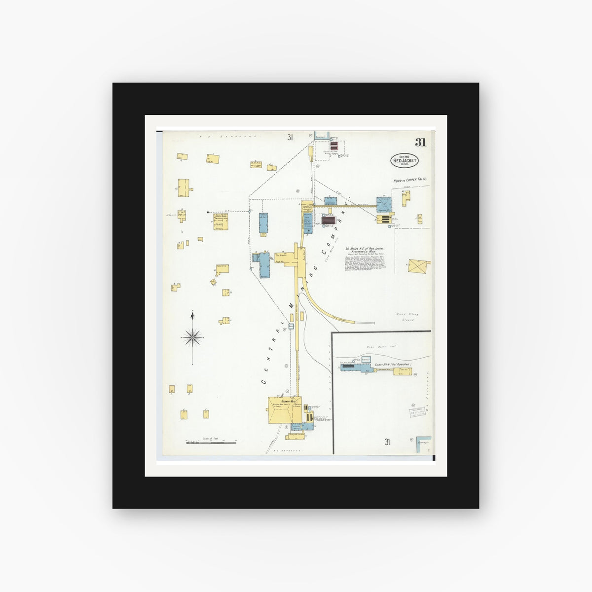 Old map wall art mockup — black gallery frame with white mat — Sanborn Fire Insurance Map from Red Jacket, Houghton County, Michigan (1900), Sheet #0031