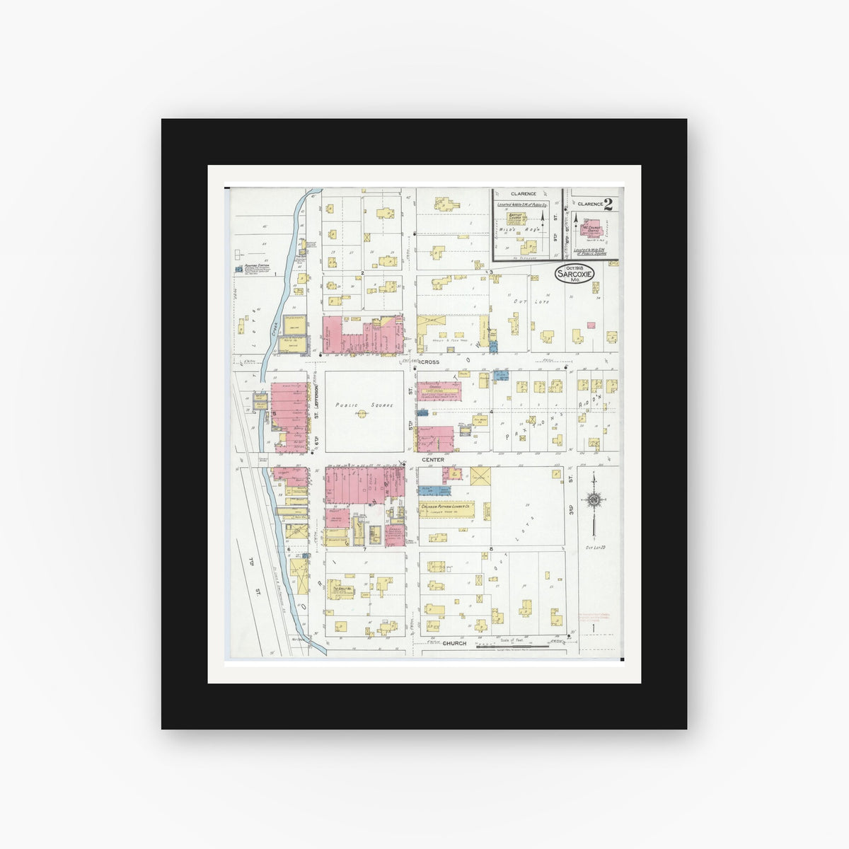 Old map wall art mockup — black gallery frame with white mat — Sanborn Fire Insurance Map from Sarcoxie, Jasper County, Missouri (1918), Sheet #0002