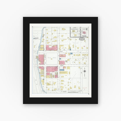 Old map wall art mockup — black gallery frame with white mat — Sanborn Fire Insurance Map from Sarcoxie, Jasper County, Missouri (1918), Sheet #0002