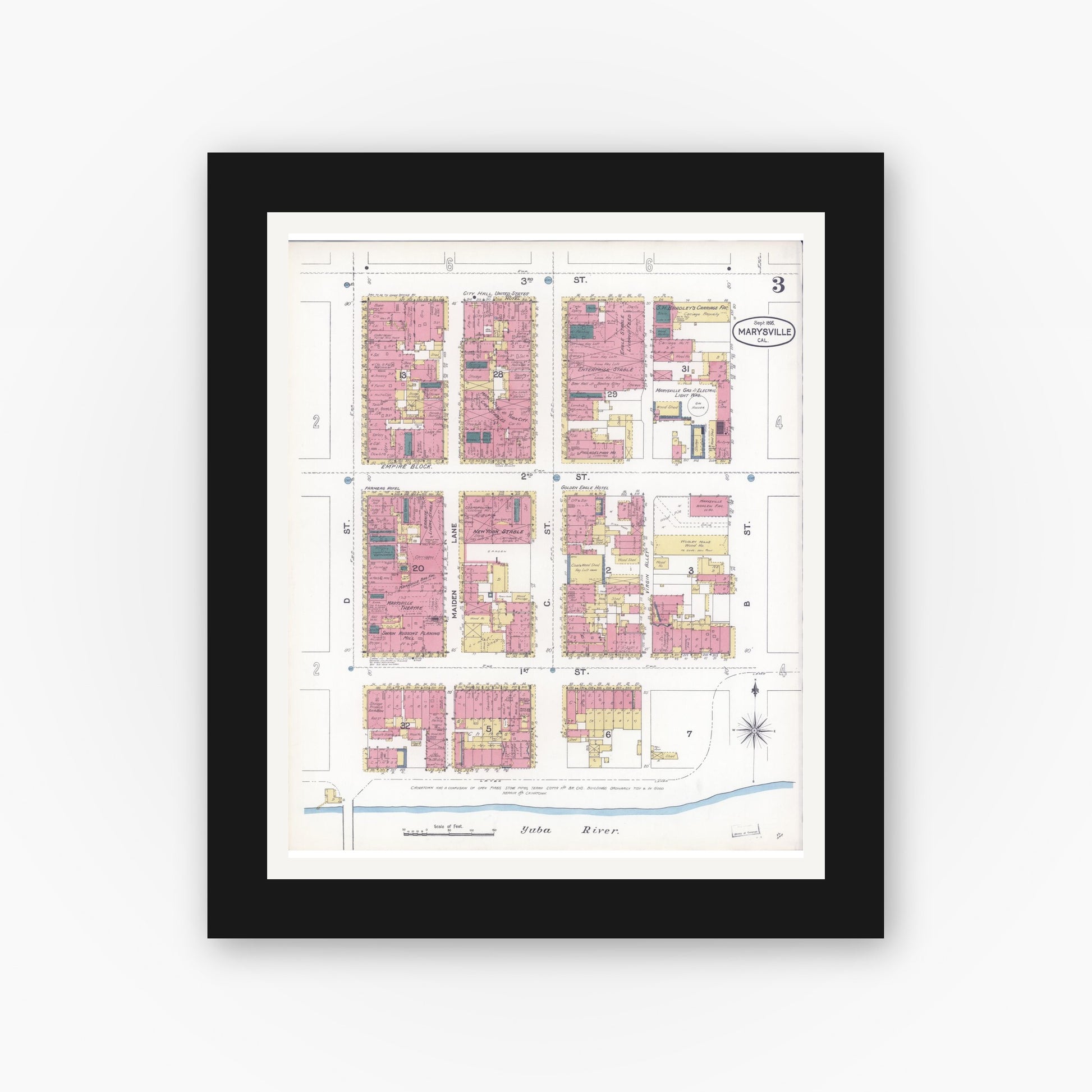 Old map wall art mockup — black gallery frame with white mat — Sanborn Fire Insurance Map from Marysville, Yuba County, California (1895), Sheet #0003