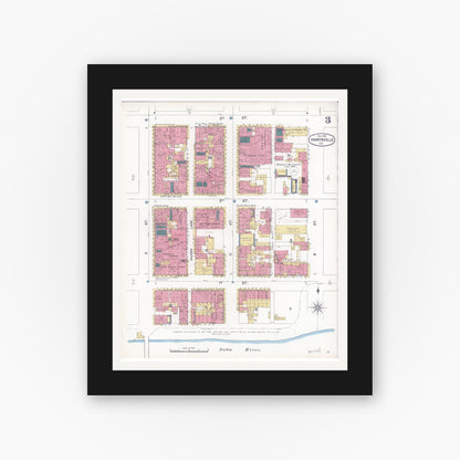 Old map wall art mockup — black gallery frame with white mat — Sanborn Fire Insurance Map from Marysville, Yuba County, California (1895), Sheet #0003
