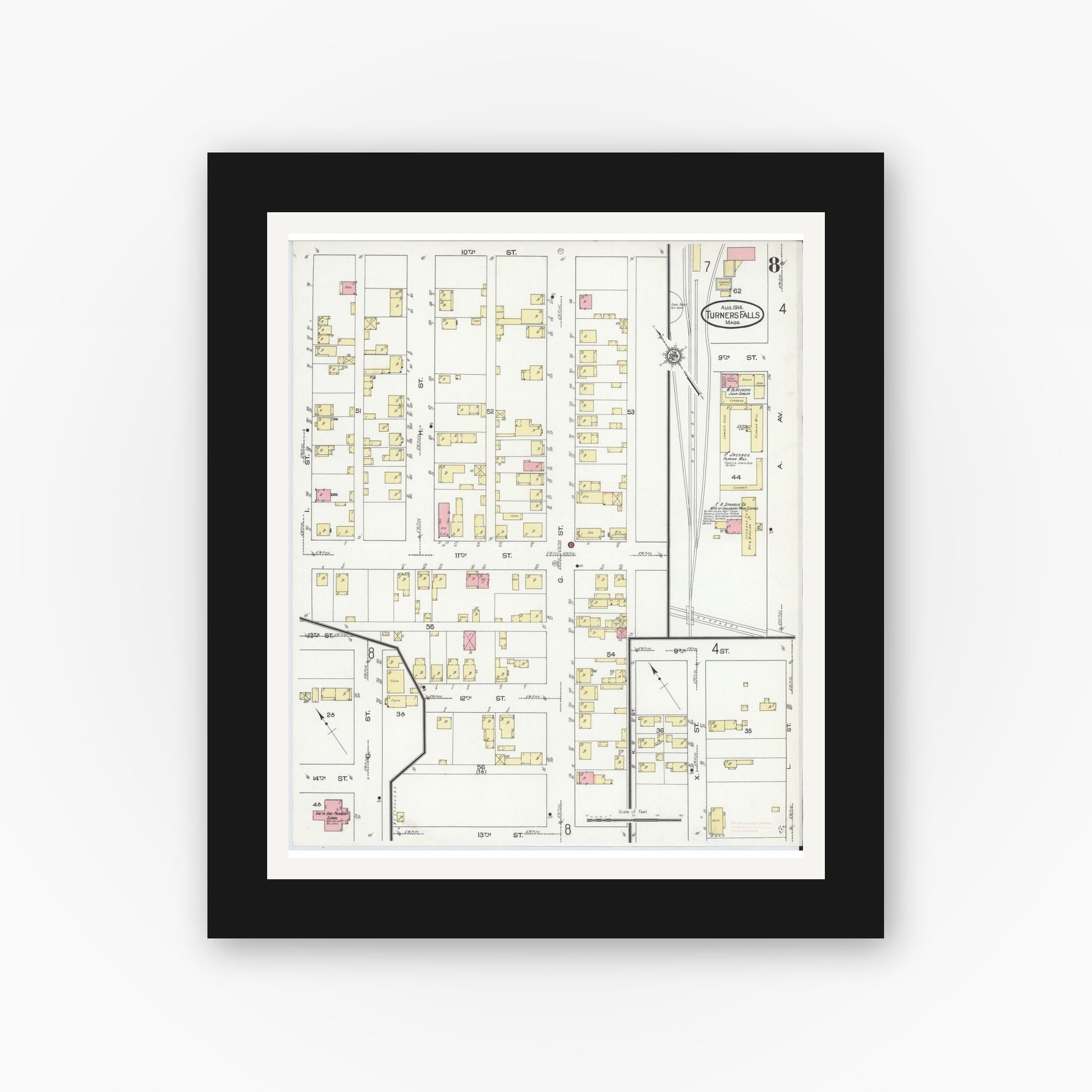 Old map wall art mockup — black gallery frame with white mat — Sanborn Fire Insurance Map from Turners Falls, Franklin County, Massachusetts (1914), Sheet #0008