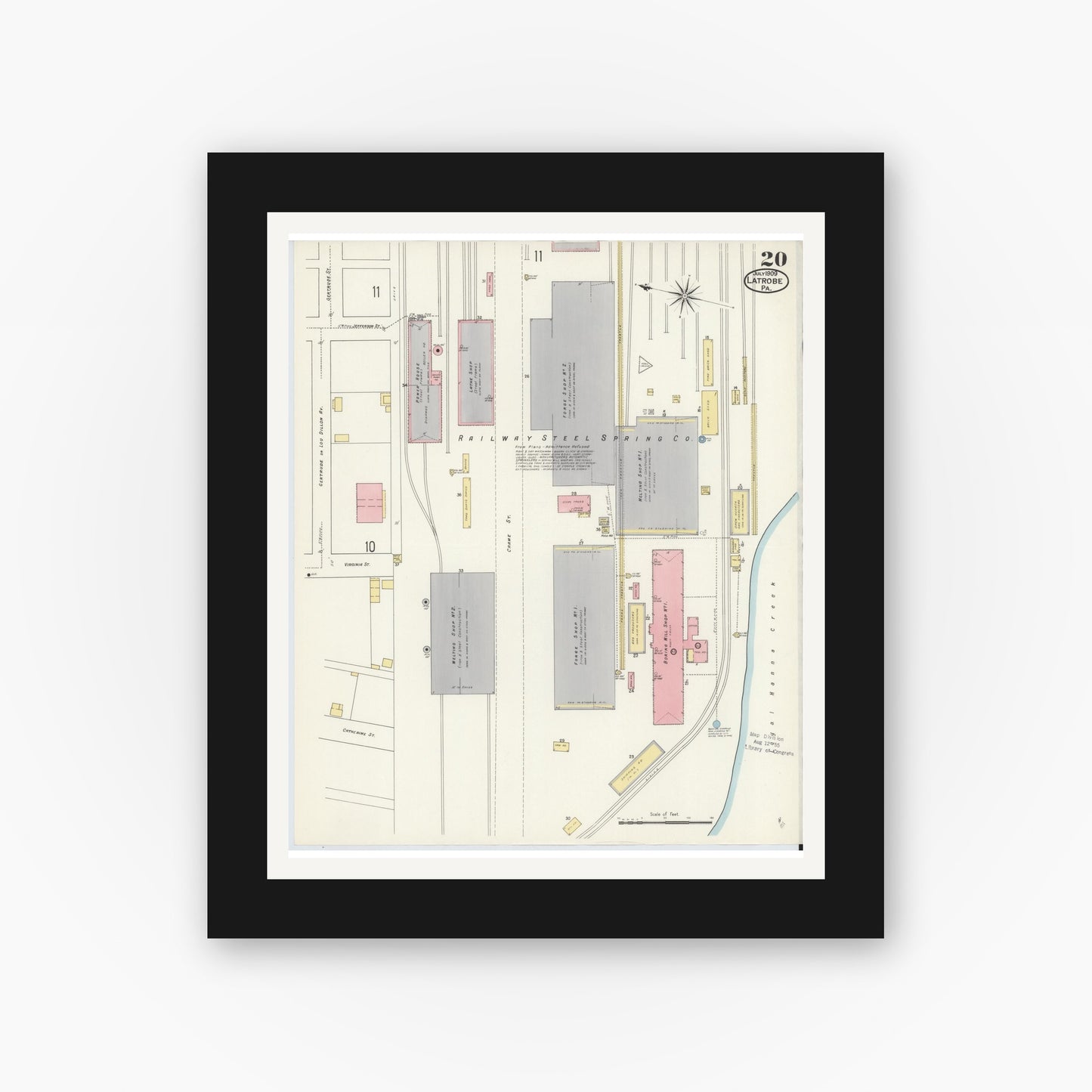 Old map wall art mockup — black gallery frame with white mat — Sanborn Fire Insurance Map from Latrobe, Westmoreland County, Pennsylvania (1909), Sheet #0020