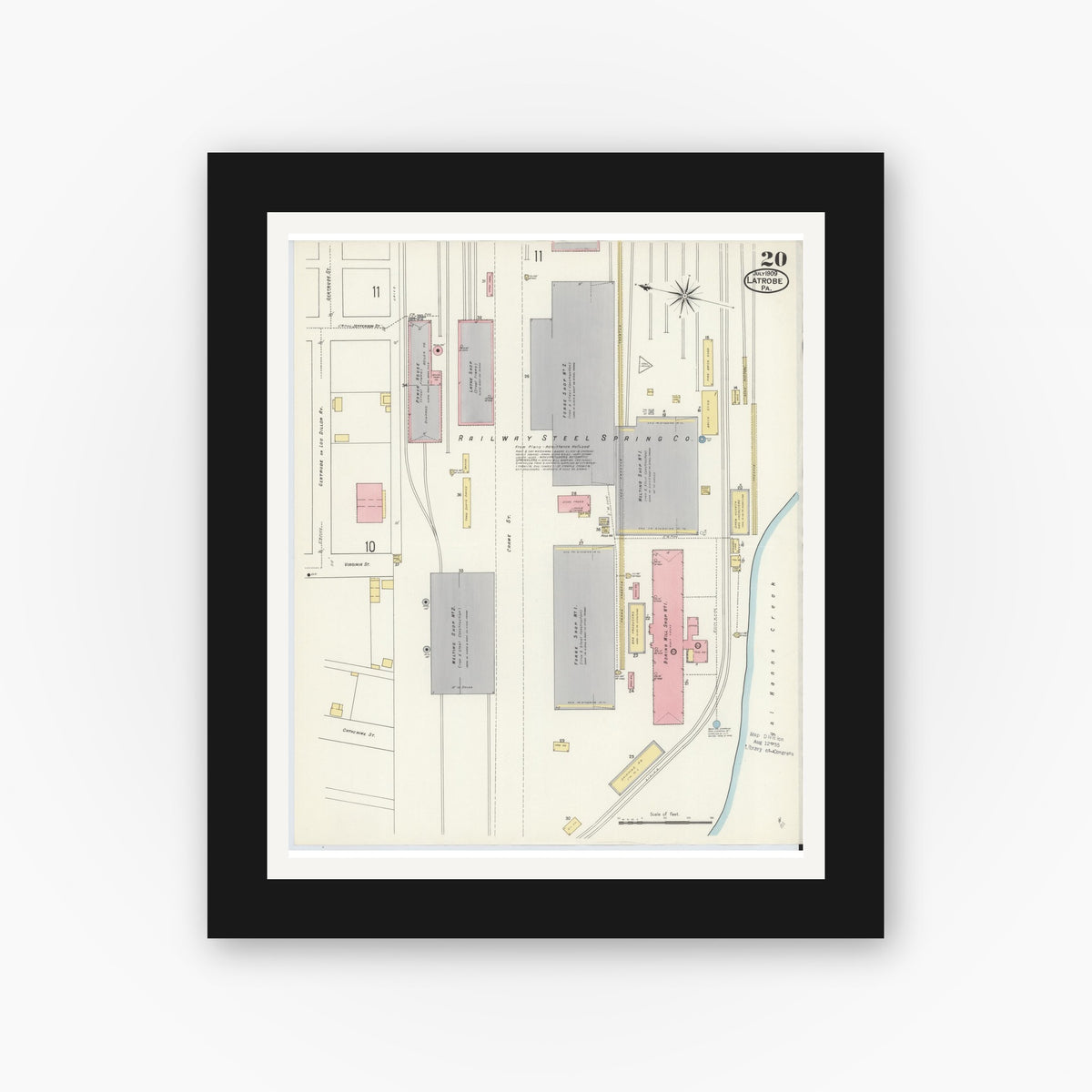 Old map wall art mockup — black gallery frame with white mat — Sanborn Fire Insurance Map from Latrobe, Westmoreland County, Pennsylvania (1909), Sheet #0020