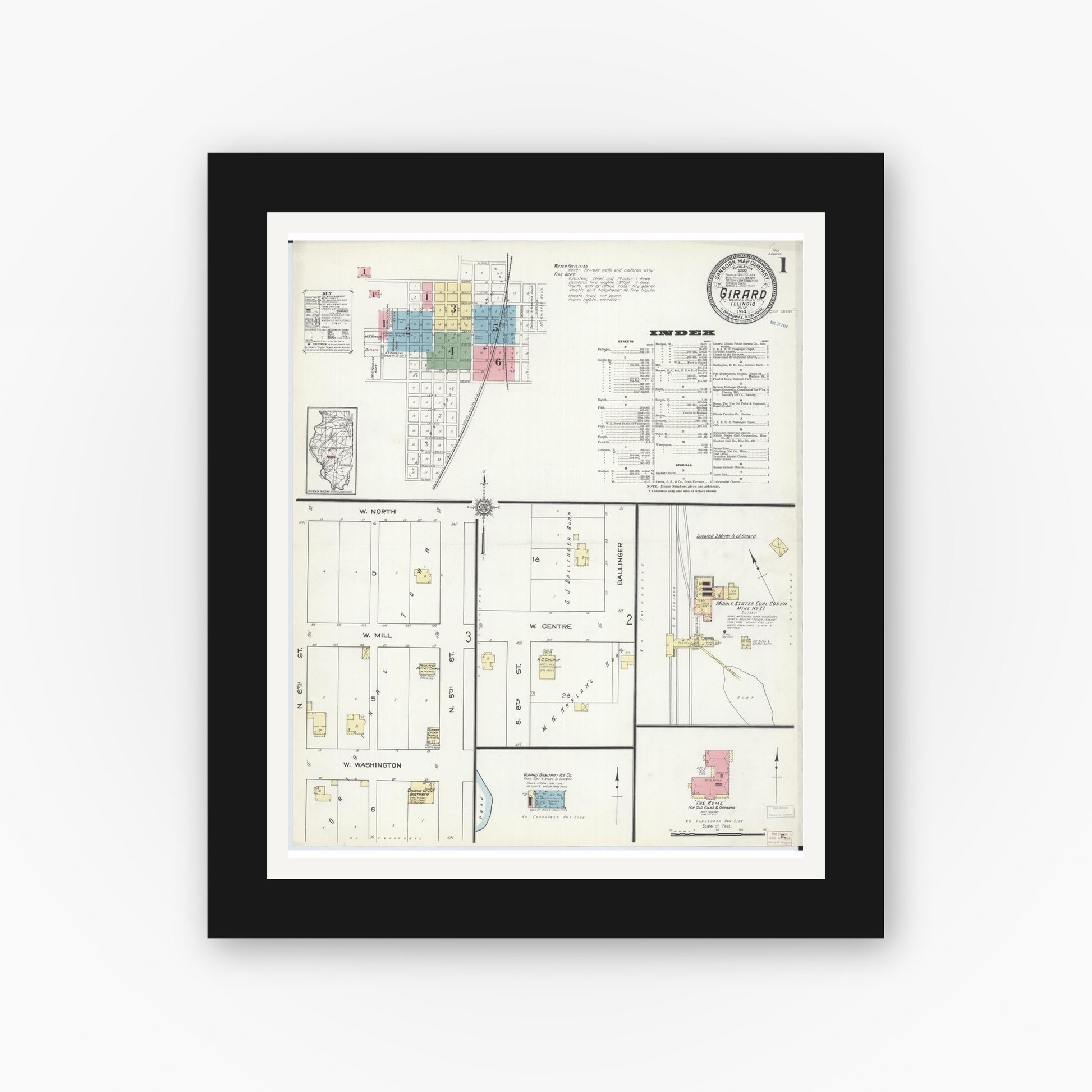 Old map wall art mockup — black gallery frame with white mat — Sanborn Fire Insurance Map from Girard, Macoupin County, Illinois (1914) - Complete Map Set