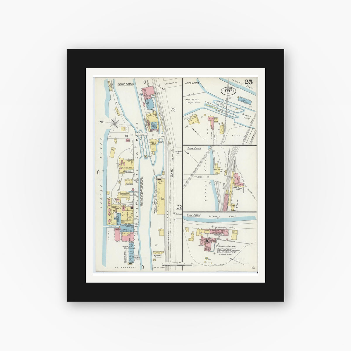 Old map wall art mockup — black gallery frame with white mat — Sanborn Fire Insurance Map from Easton, Northampton County, Pennsylvania (1897), Sheet #0025