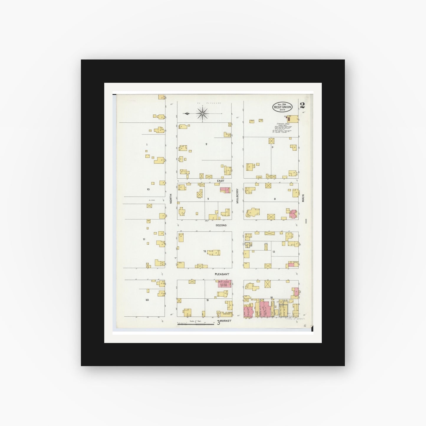 Old map wall art mockup — black gallery frame with white mat — Sanborn Fire Insurance Map from West Union, Adams County, Ohio (1904), Sheet #0002